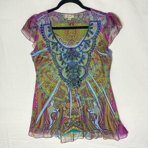 Vintage Y2K One World Paisley Going Out Top W Embroidery & Rhinestones S/M